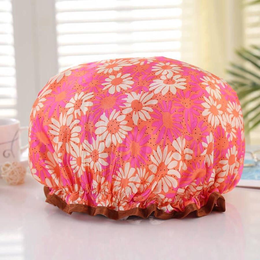 AfricanFabs Afabs GROTE Douchemuts Shower cap Douchekapje Douchecap voor vol haar krullen afro Oranje roze met bloemen