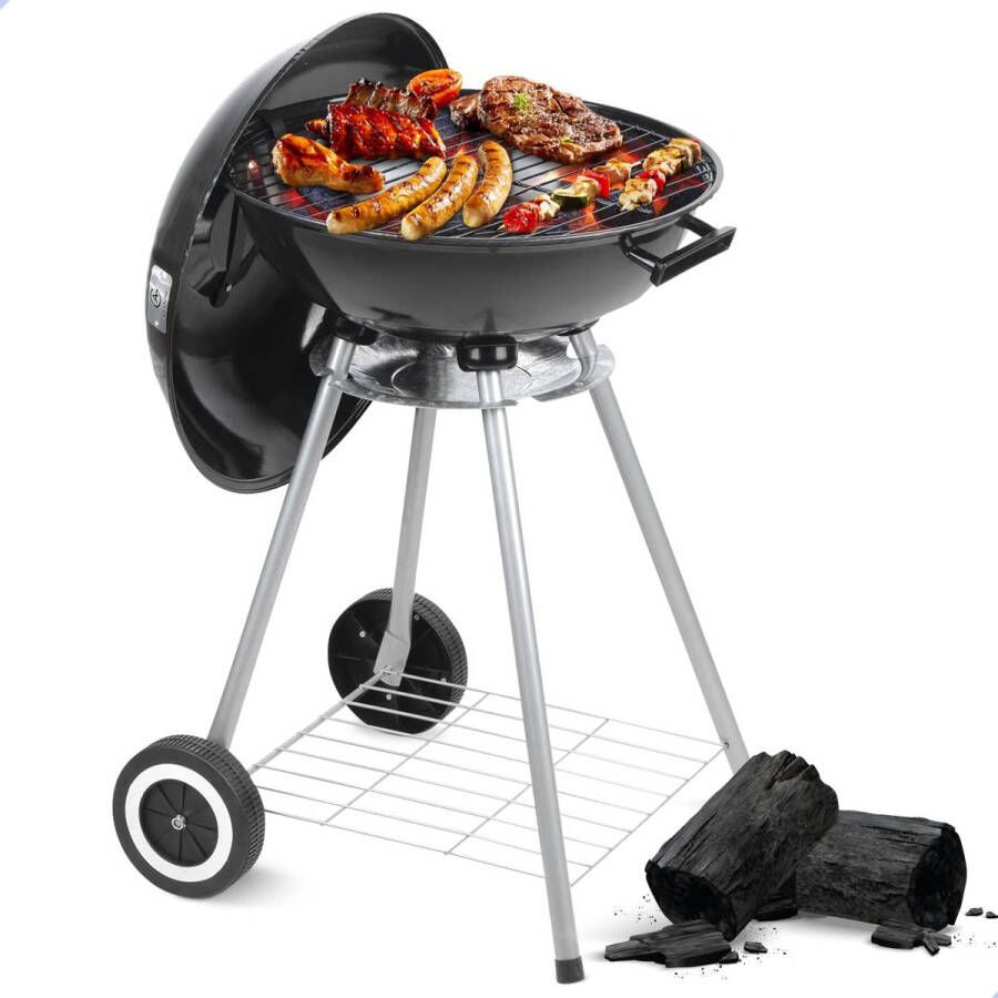 AG Store AG barbecue Ø 46 cm Houtskoolbarbecues Kogelbarbecue incl. Thermometer temperatuur roestvrij Ronde Barbecue Incl. deksel en Wielen traditionele bbq 7 personen Ventilatierooster voor zuurstofregulering -Zwart