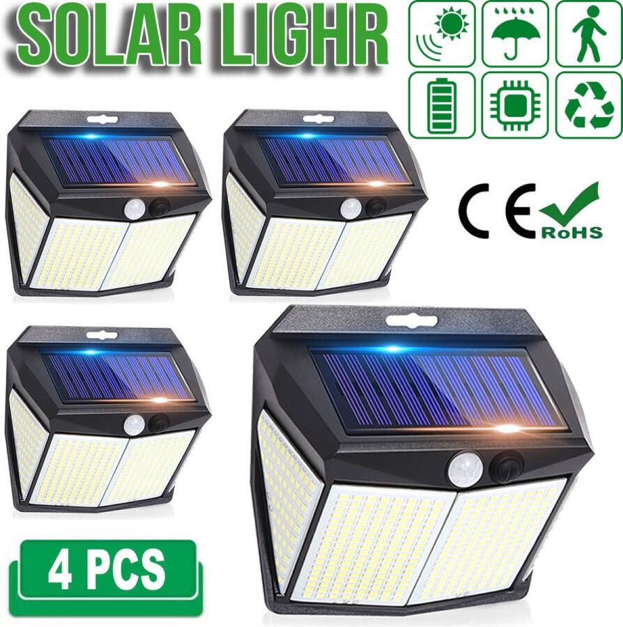 AGM Solar Buitenlamp met Bewegingssensor Wandlamp buiten met Sensor dag en nacht tuinverlichting zonne energie 412 LED's IP65 4 Stuks Zwart