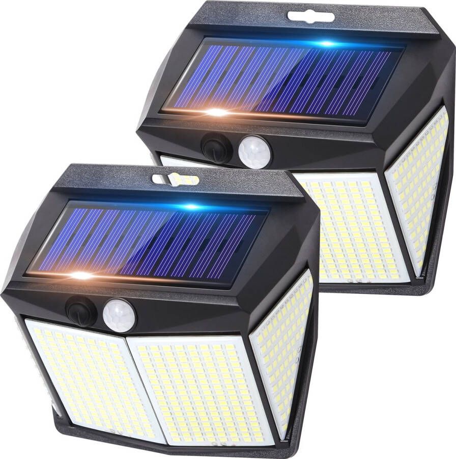 AGM SW8014 Solar Buitenlamp met Bewegingssensor Wandlamp met Sensor Tuinverlichting op zonne energie met 3 standen Sensor Dag & Nacht 412 LED IP65 2 stuks Zwart