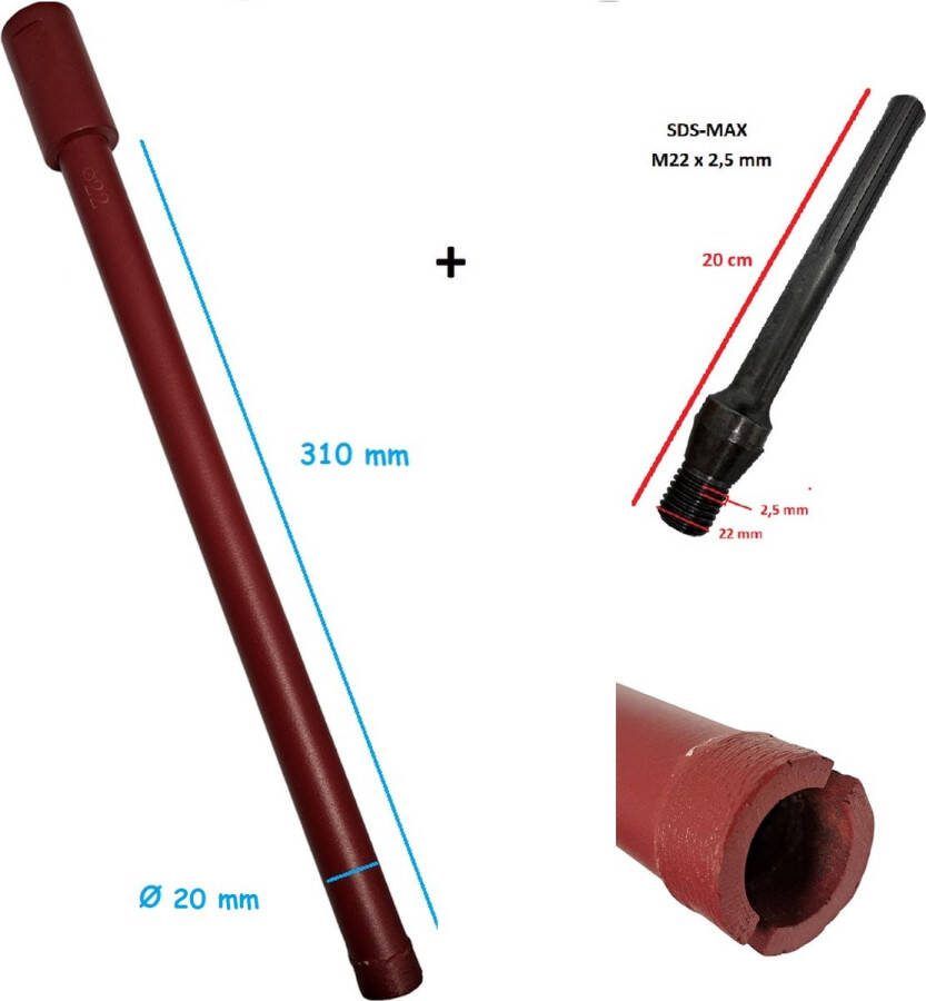 Diamantcore Diamantboor & SDS-Max adapter Diamant boor dia Ø 20mm x 310mm voor nat en droog boorwerk M22 x 2 5mm