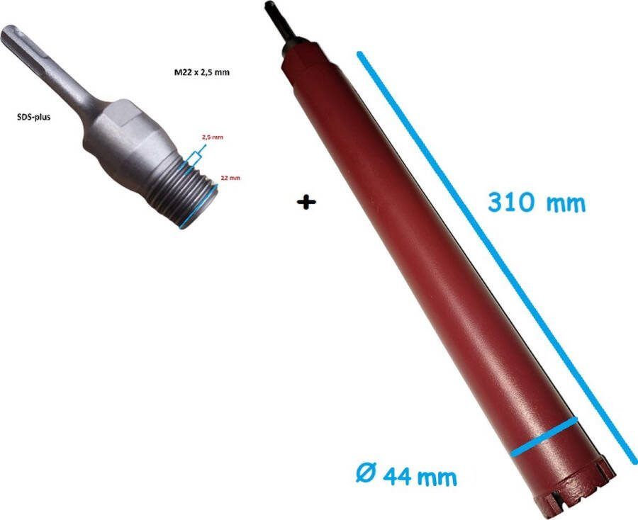 Diamantcore Diamantboor & SDS-Plus adapter Diamant boor Ø 44mm x 310mm voor nat en droog boorwerk M22 x 2 5mm