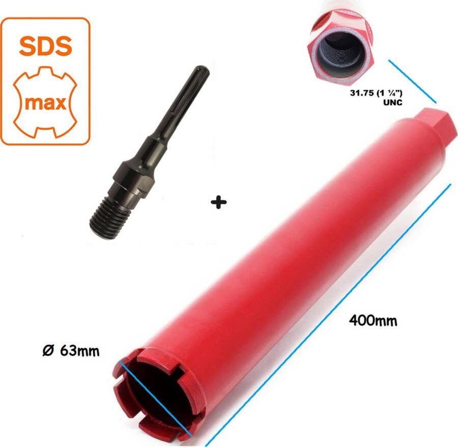 AGNT SDS-MAX Adapter + Kernboor diamantboor betonboor 63 x 400 gatenboor diamantboorkroon diamant boor kernboormachine airco boorkroon aansluiting boormachine 1-1 4'' UNC schroefdraad
