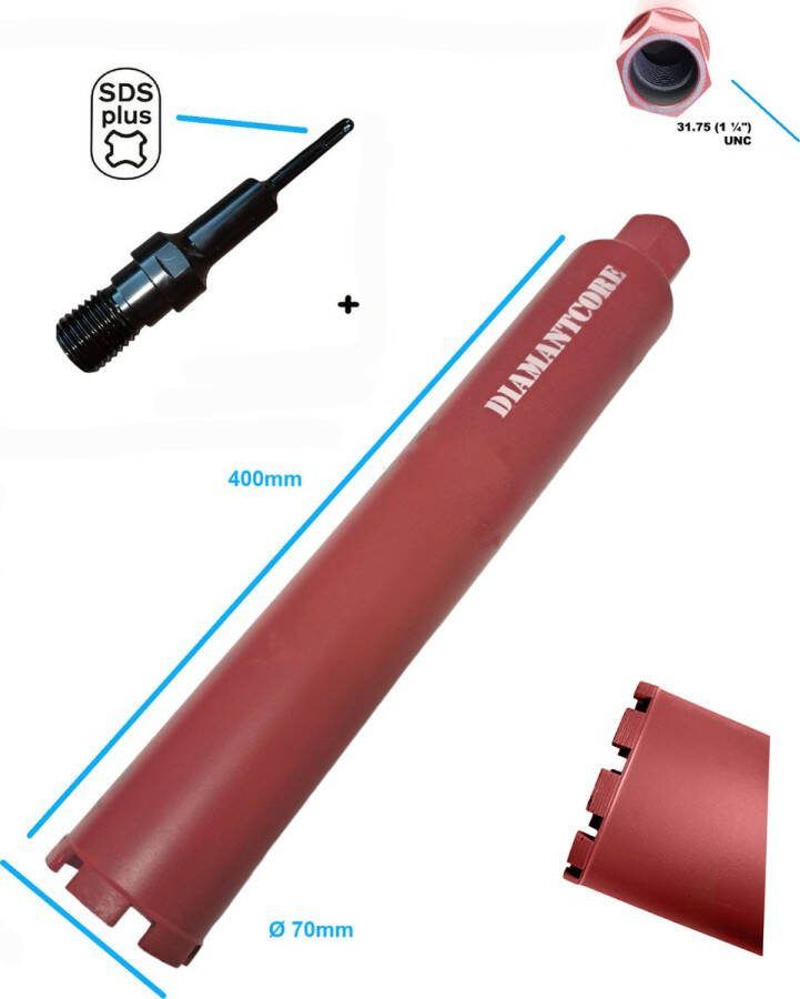 Diamantcore SDS-Plus Adapter + diamantboor betonboor Ø70 x 400mm gatenboor kernboor diamantboorkroon diamant boor kernboormachine airco boorkroon aansluiting boormachine 1-1 4'' UNC schroefdraad