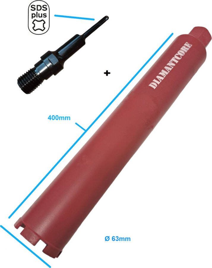 Diamant Core 63 SDS-Plus Adapter + Kernboor diamantboor betonboor 63 x 400 gatenboor diamantboorkroon diamant boor kernboormachine airco boorkroon aansluiting boormachine 1-1 4'' UNC schroefdraad