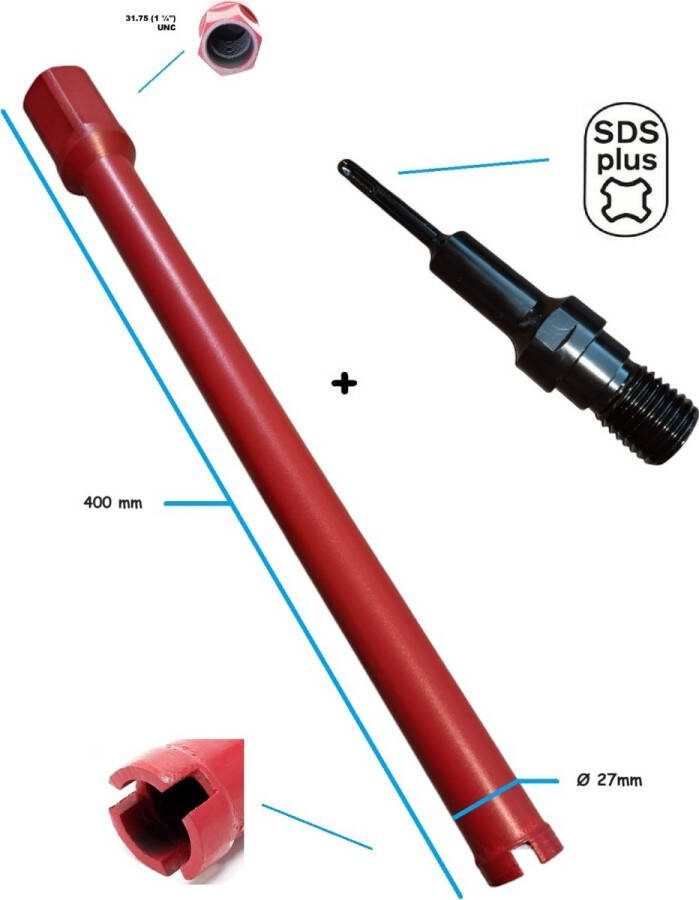 Diamantcore SDS-Plus diamantboor Ø27mm x 375mm boorbit diamantboorkroon diamant boor kernboormachine airco boorkroon aansluiting boormachine 1-1 4'' UNC schroefdraad bekisting electra installatieboor