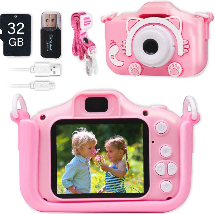 AgoDeo Kindercamera Camera voor Kinderen Volledige HD-camera Fotografieset voor Kinderen Selfiecamera Fotografeer- en videofunctie Inclusief 32 GB geheugenkaart + Micro USB-kaartlezer en veiligheidsriem Schokbestendige camera USB oplaadbaar