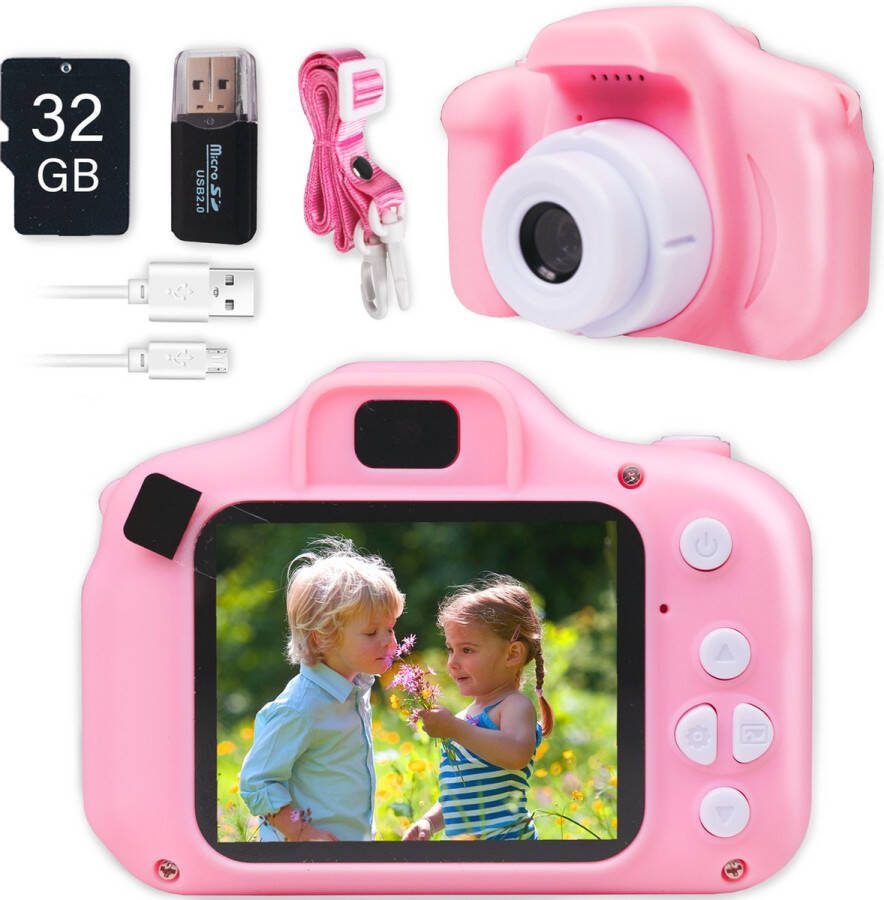 AgoDeo Kindercamera Fototoestel Voor Kinderen HD Camera Fotoset Voor Kinderen Fotografeer en Videofunctie Dutch Camera Inclusief 32 GB Geheugenkaart + Micro USB Kaartlezer & Veiligheidsriem Speelgoedcamera USB Oplaadbaar
