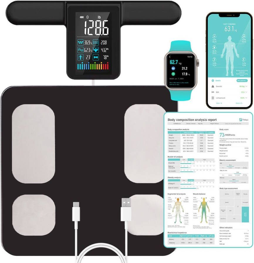 AgoDeo Premium Slimme Weegschaal Met App Hoge Nauwkeurigheid Smart Weegschaal met Lichaamsanalyse -Slimme Personenweegschaal Digitaal Smart Scale met 31 Meetwaarden 8 Sensoren Automatische Gebruikersherkenning Onbeperkt Aantal Gebruikers
