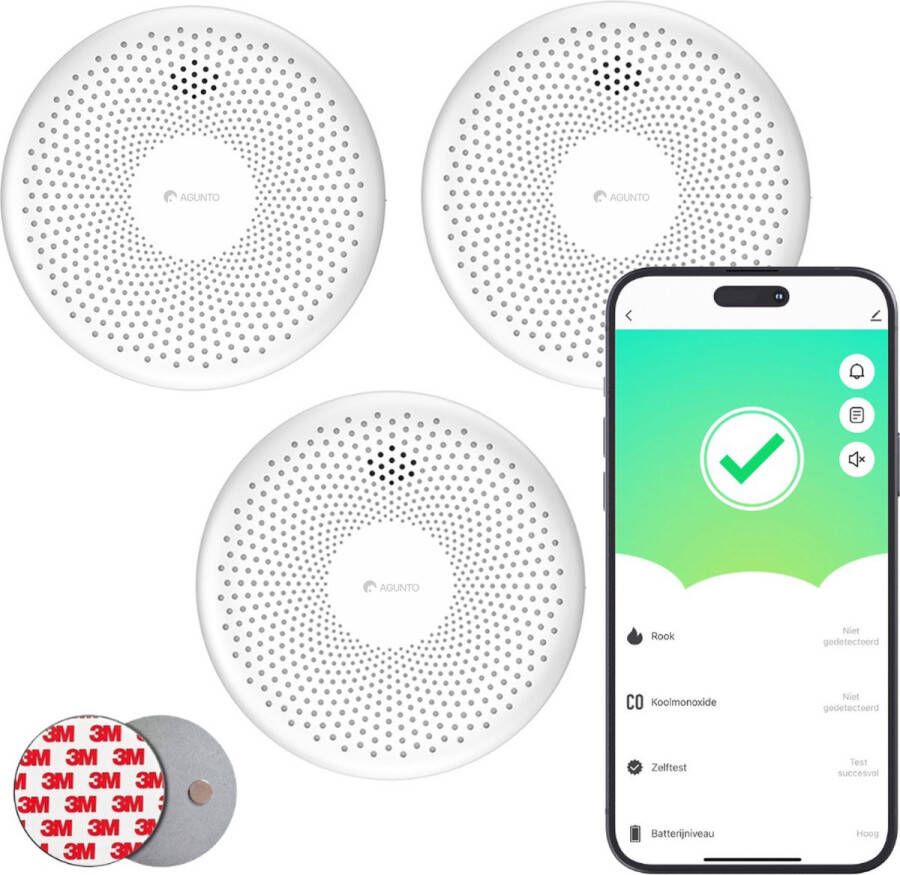 Agunto AGU-SD1 Slimme Rookmelder en CO melder 3 stuks Melding via app EU EN14604 WiFi Rookmelder Koolmonoxidemelder