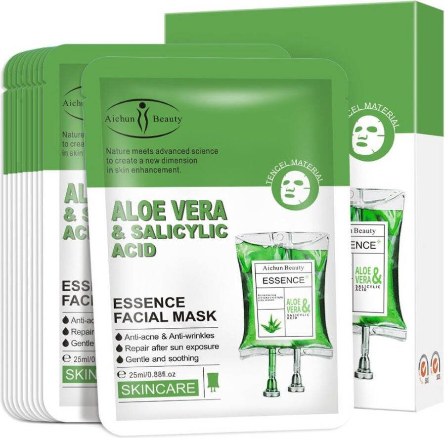 Aichun Beauty Anti-Acne gezichtsmasker met Aloë Vera en Salicylzuur – set 10 stuks