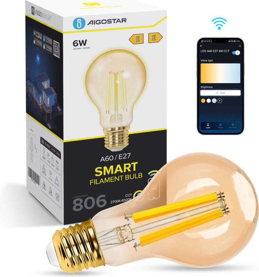 Aigostar 10YIG Smart Filament Lamp LED Lichtbron e27 Ø 6 cm Slimme Verlichting Afstandsbediening- Timer Dimbaar Warm Wit licht 6W