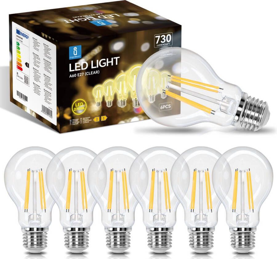Aigostar 10ZCM Filament lamp LED Lichtbron E27 6W 2700K 730lm Set van 6 stuks