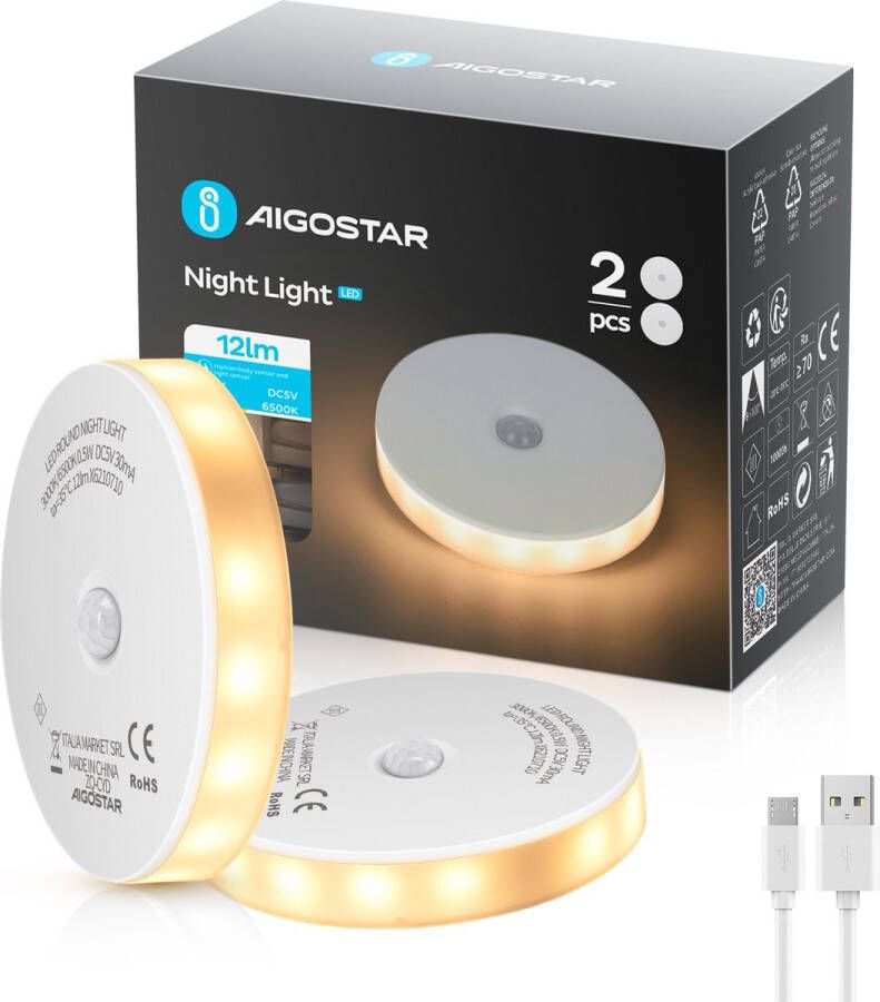 Aigostar 10ZJB Nachtlampje met Bewegingssensor 2 stuks USB oplaadbaar Dimbare Kinderen Babykamer Warm Licht