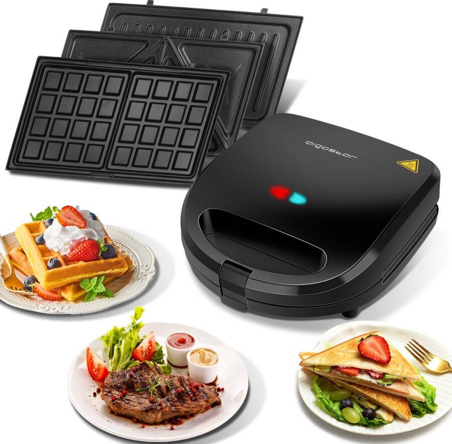 Aigostar 3 in 1 Wafelijzer Tosti Apparaat Contact Grill 750W Zwart