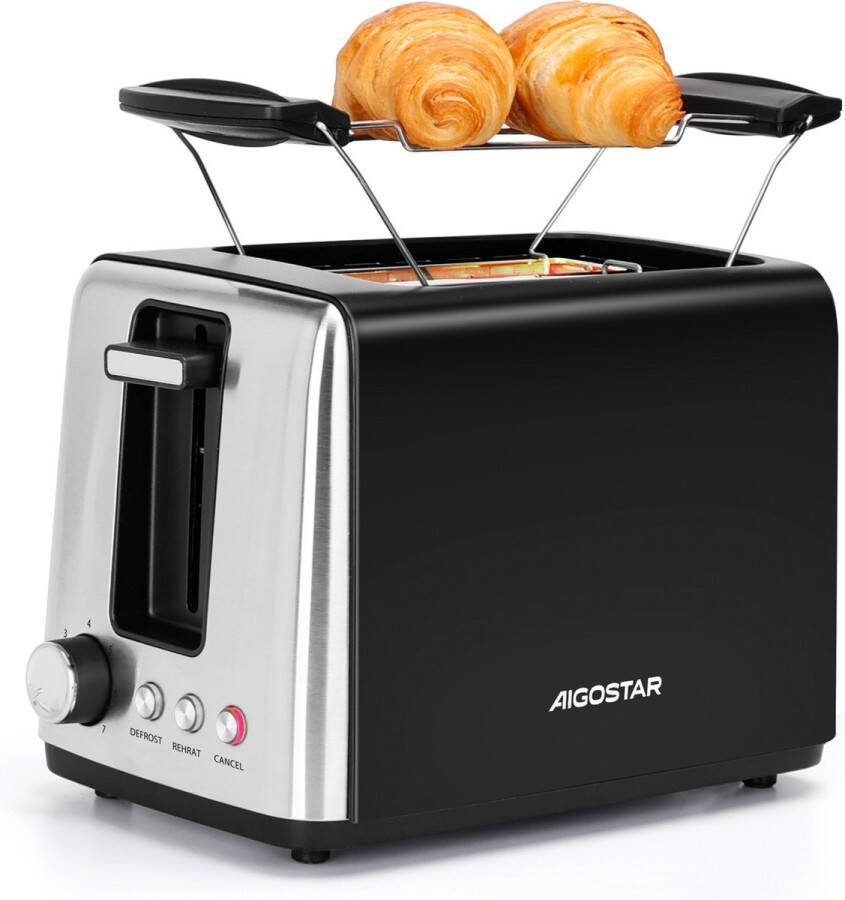 Aigostar 30A49 Delish Broodrooster Toaster 2 Extra Brede Sleuven Met Externe Grill 7 Warmteniveaus Reheat en Ontdooi-functie 750W Zwart