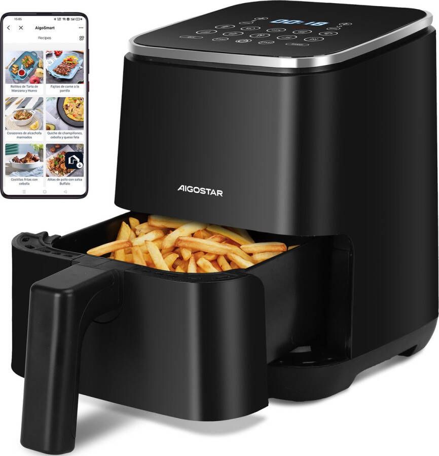 Aigostar 30J4W Dot Airfryer Heteluchtfriteuse Digital Touchscreen 2 Liter Geschikt voor 1-2 personen 8 snelkeuze programma's Compact 1200W -Zwart