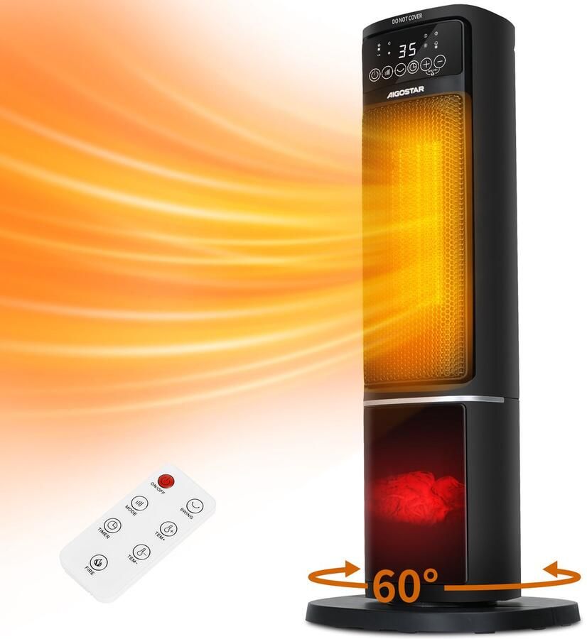 Aigostar Ayden Elektrische Kachel met Schoorsteen Simulatie Keramische verwarming 2000 Watt Met Afstandsbediening Zwart