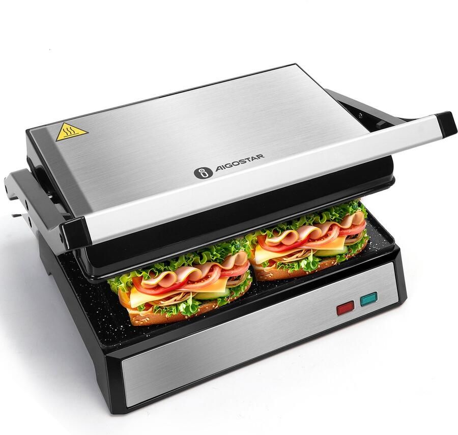 Aigostar Hett Pro Contactgrill Panini Grill met Antiaanbaklaag voor 2 personen Verticaal opbergbaar -1500W RVS Zwart