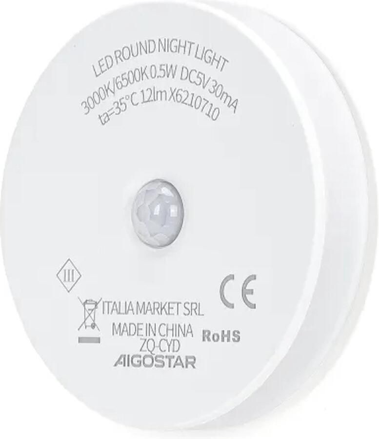 Aigostar Nachtlampje warmwit daglichtwit oplaadbaar rond dag nacht- & bewegingssensor 3000K 6500K ~ 12 Lumen 0.5 Watt