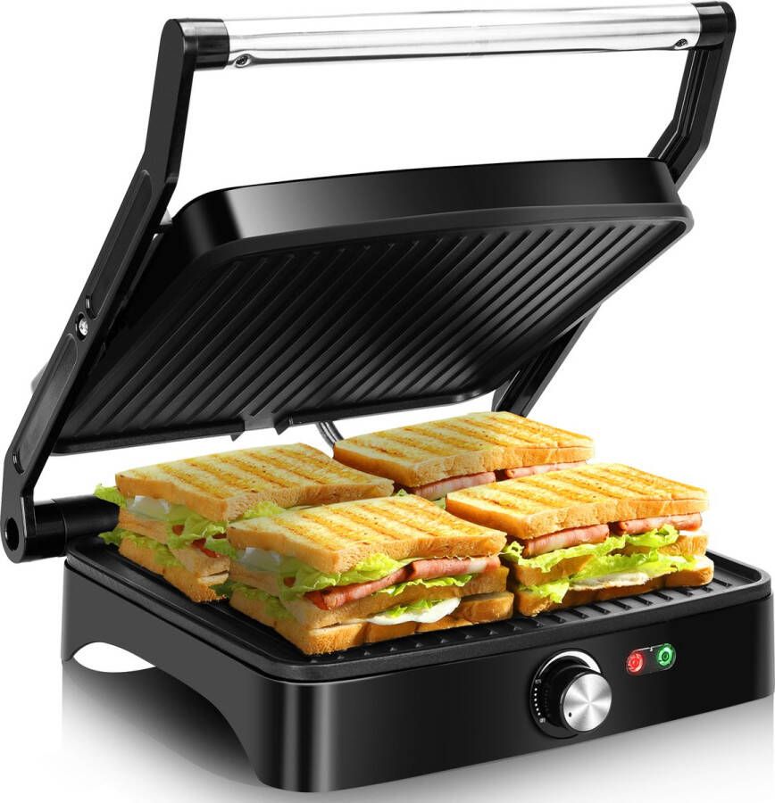 Aigostar Calore 30 HHK Contactgrill met antiaanbaklaag 2-in-1-180°C Panini Grill 1800W RVS Zwart