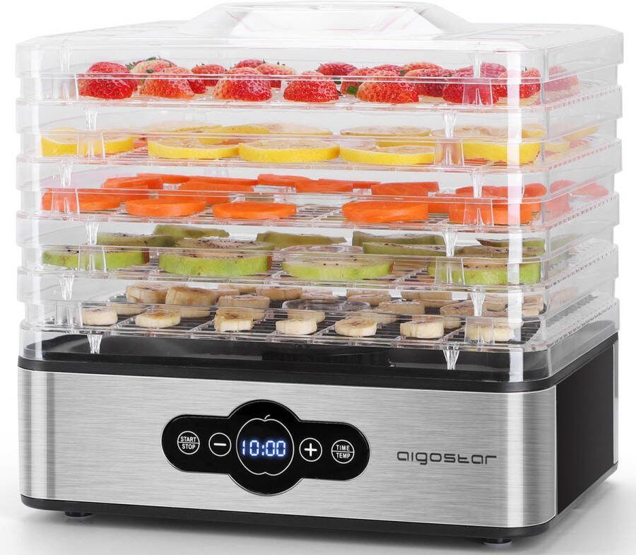 Aigostar Crispy 30INI Voedseldroger Elektrische Droogautomaat 5 Laags 35°C tot 70°C LCD Display 99-uurs Timer RVS Zwart