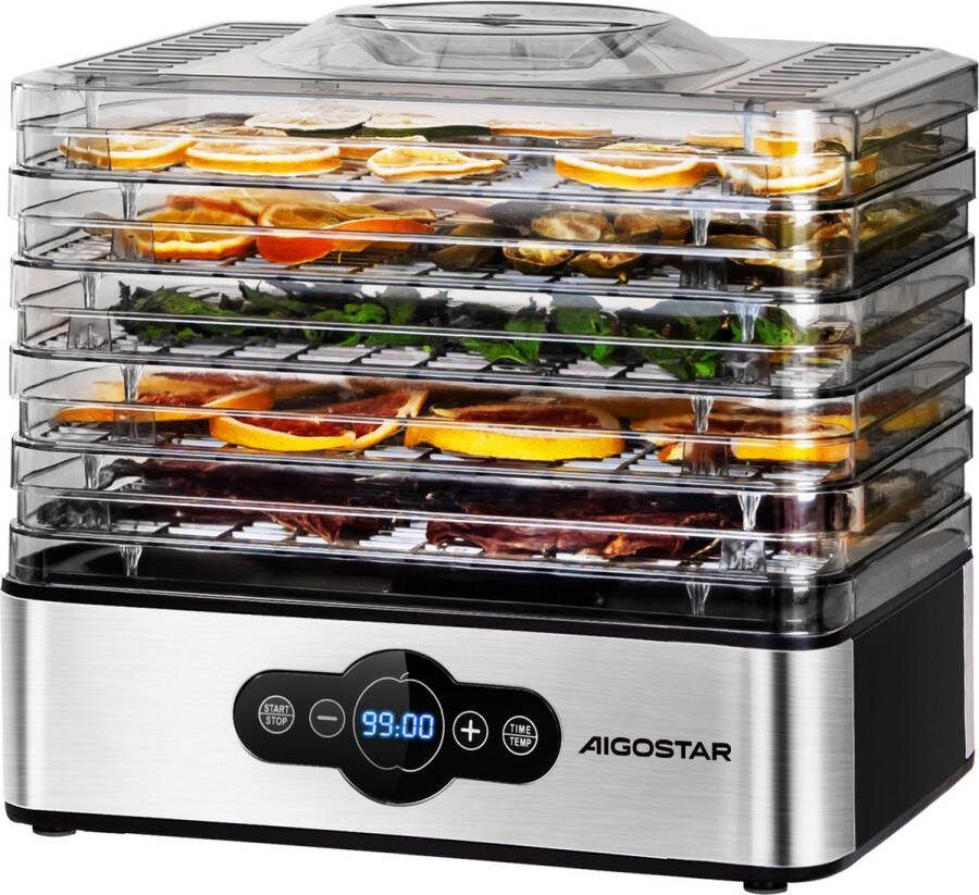 Aigostar Crispy Voedseldroger Elektrische Droogautomaat 5 lagen-35°C tot 70°C LCD Display Timer 99H- RVS Zwart