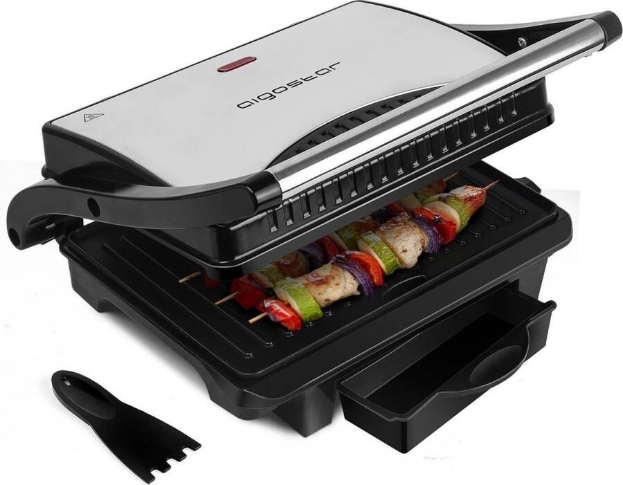 Aigostar Hett Pro Contactgrill Panini Grill met Antiaanbaklaag voor 2 personen Verticaal opbergbaar -1500W RVS Zwart