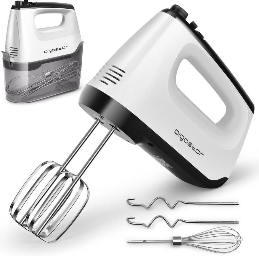 Aigostar Pudding 30XMJ Handmixer 6 snelheden en turbofunctie Opslagbasis Kloppers & Deeghaken & Garde Mixer 400W RVS Wit