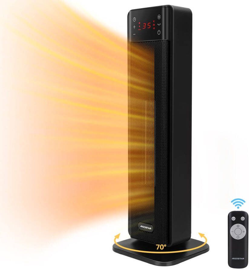 Aigostar Sunniva Elektrische Kachel -Kachelventilator Keramische verwarming met afstandsbediening 2000 Watt Zwart