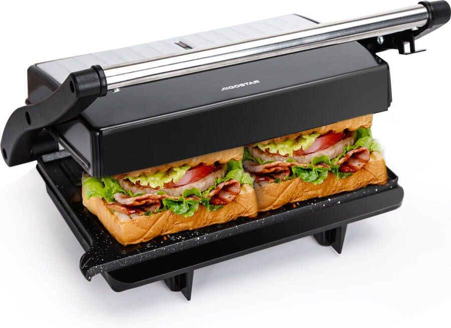 Aigostar York Pro Contactgrill Panini Grill Tosti apparaat Anti-aanbaklaag 1000W Verticaal opbergbaar RVS Zwart