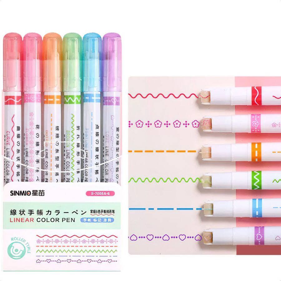 Ainy 2in1 tekenen fineliners & patroon roller set van 6 stiften in regenboog kleuren voor knutselpakket hobby en creatief pennen voor knutselen meisjes kinderen & volwassenen
