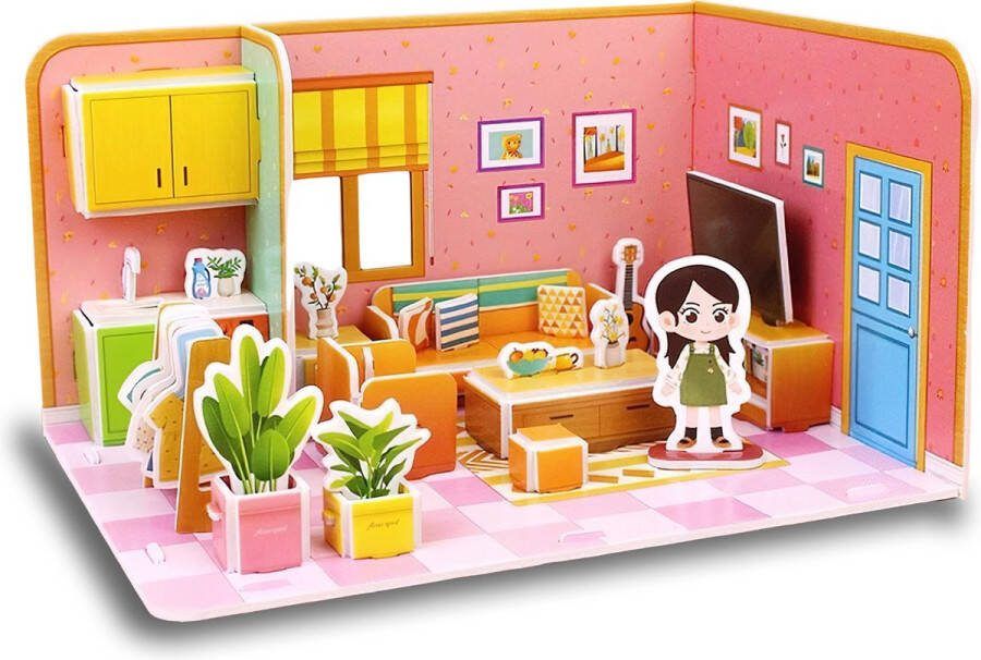 Ainy 3D puzzel poppenhuis woonkamer met meubels: Miniatuur bouwpakket speelgoed huisjes knutselpakket educatief knutselen meisjes hobby puzzels en creatief modelbouw voor kinderen & volwassenen 48 stukjes 22x16x13cm