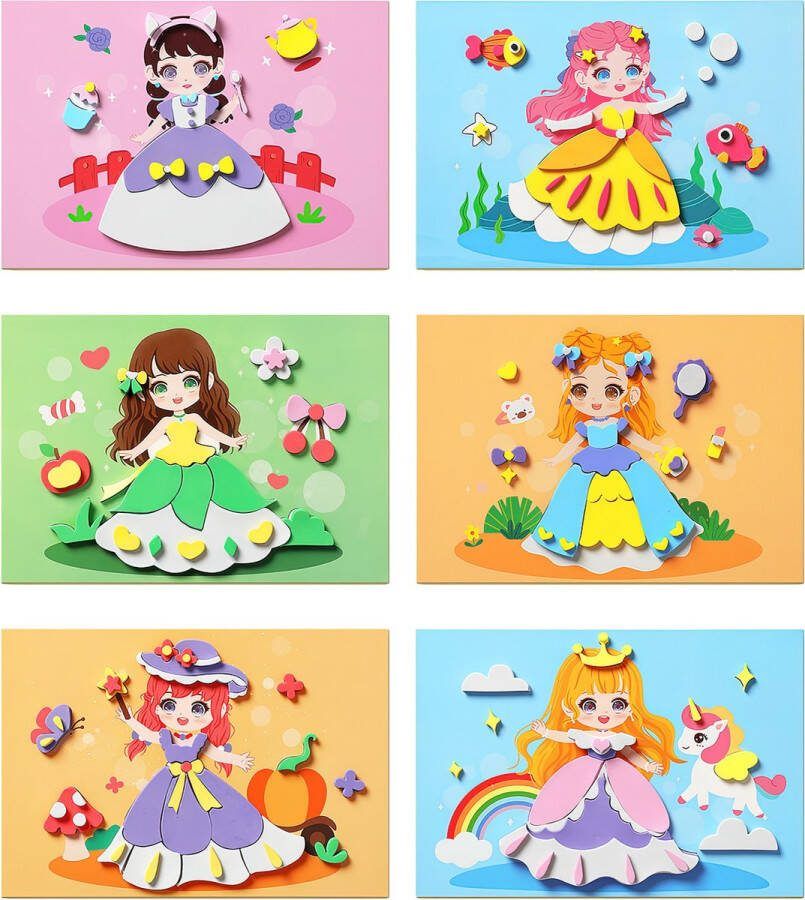 Ainy Prinses 3D Knutselpakket kleurplaten 6 in 1 knutselpakketten tekenen & kleuren Montessori foam stickers knutselen voor meisjes en jongens Creatief speelgoed voor kinderen A5 14.6x21cm