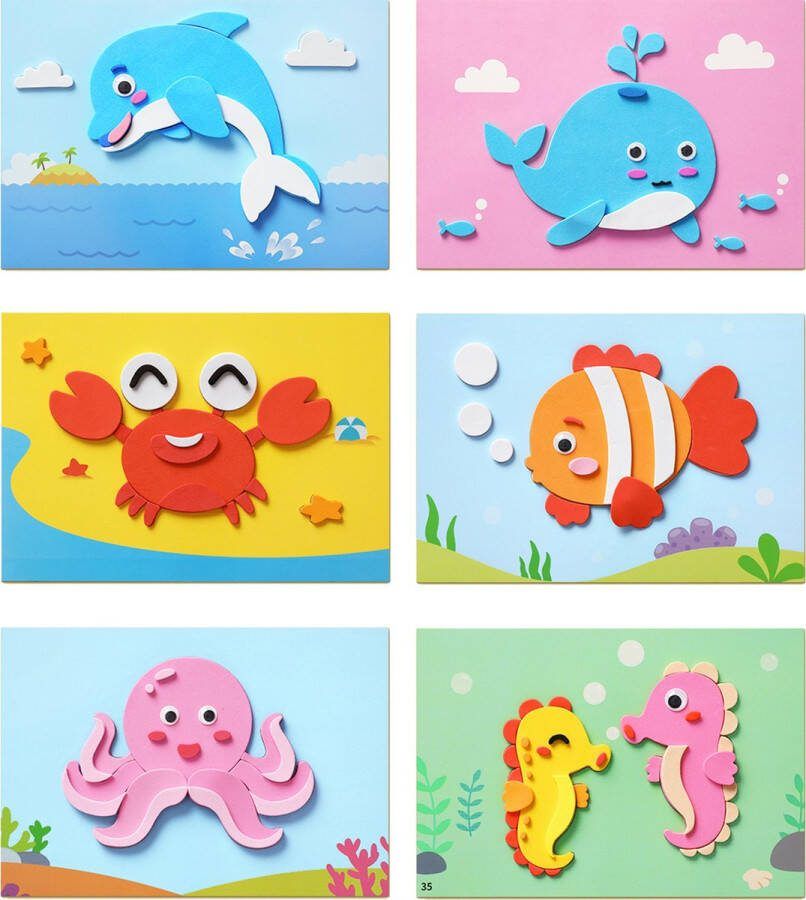 Ainy Vissen 3D Knutselpakket kleurplaten 6 in 1 knutselpakketten tekenen & kleuren Montessori foam stickers knutselen voor meisjes en jongens Creatief speelgoed voor kinderen A5 14.6x21cm