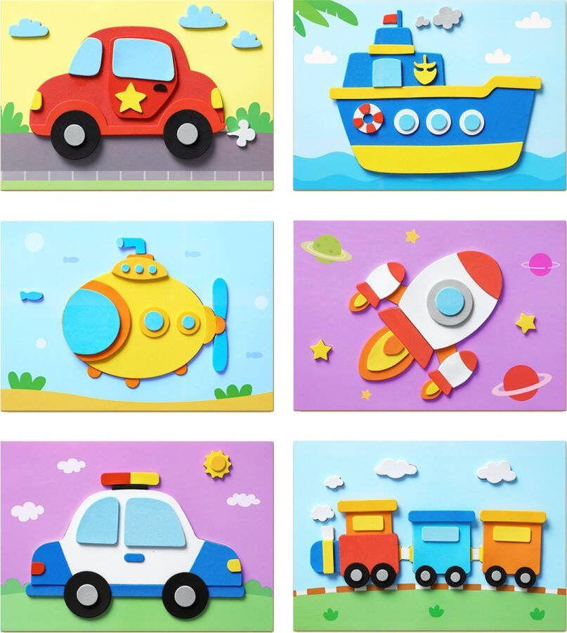 Ainy Voertuigen 3D Knutselpakket kleurplaten 6 in 1 knutselpakketten tekenen & kleuren Montessori foam stickers knutselen voor meisjes en jongens Creatief speelgoed voor kinderen A5 14.6x21cm