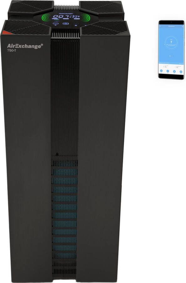 AirExchange 750-T Zwart Professionele Luchtreiniger met HEPA H14 filter Carbon ionisator en UV-C lamp Geschikt tot 120m²