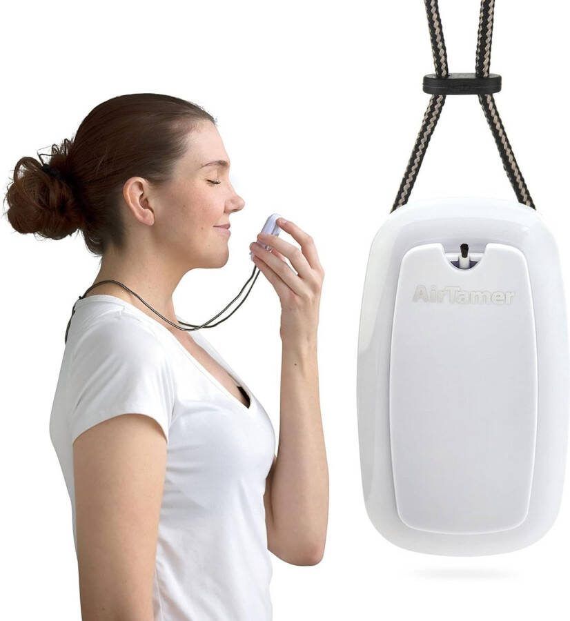 AirTamer A315W Geavanceerde accu oplaadbare luchtzuiveraar draagbaar ionisator luchtreiniger effectief tegen ziektekiemen virus allergenen wit leren reistasje