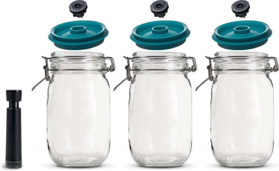 Airtender vacuümdeksels met Kilner Weckpotten en Vacuümpomp – 3x 2 0 Liter – Houd voedsel tot 5x langer vers en vol van smaak Nu met GRATIS pomp