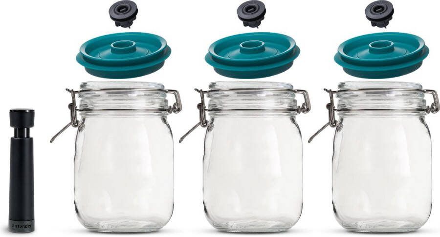 Airtender Kilner & Vacuüm Weckpotten Set – 1 5L – 3 Stuks met Vacuümpomp – 5x langer Vershouden Sneller Fermenteren & Inmaken Nu met GRATIS pomp
