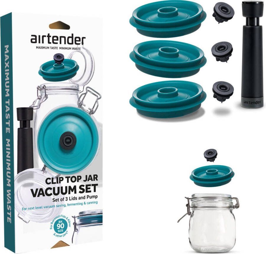 Airtender Vacuümdeksels voor Weckpotten – Incl. Vacuümpomp Set van 3 deksels Starterset (geschikt voor o.a. Kilner HEMA en Bormioli Fido) Nu met 1 deksel GRATIS