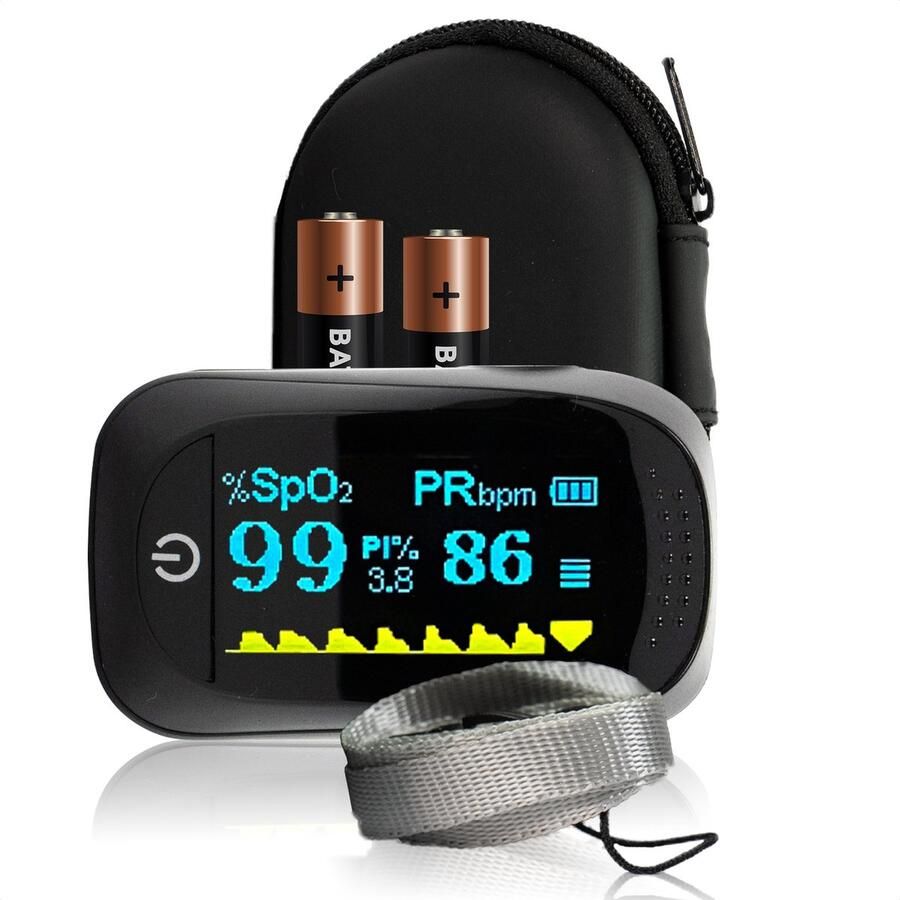 Akaro saturatiemeter comfortabel OLED – inclusief batterijen + opberghoes + koord zuurstofmeter vinger – hartslagmeter oximeter