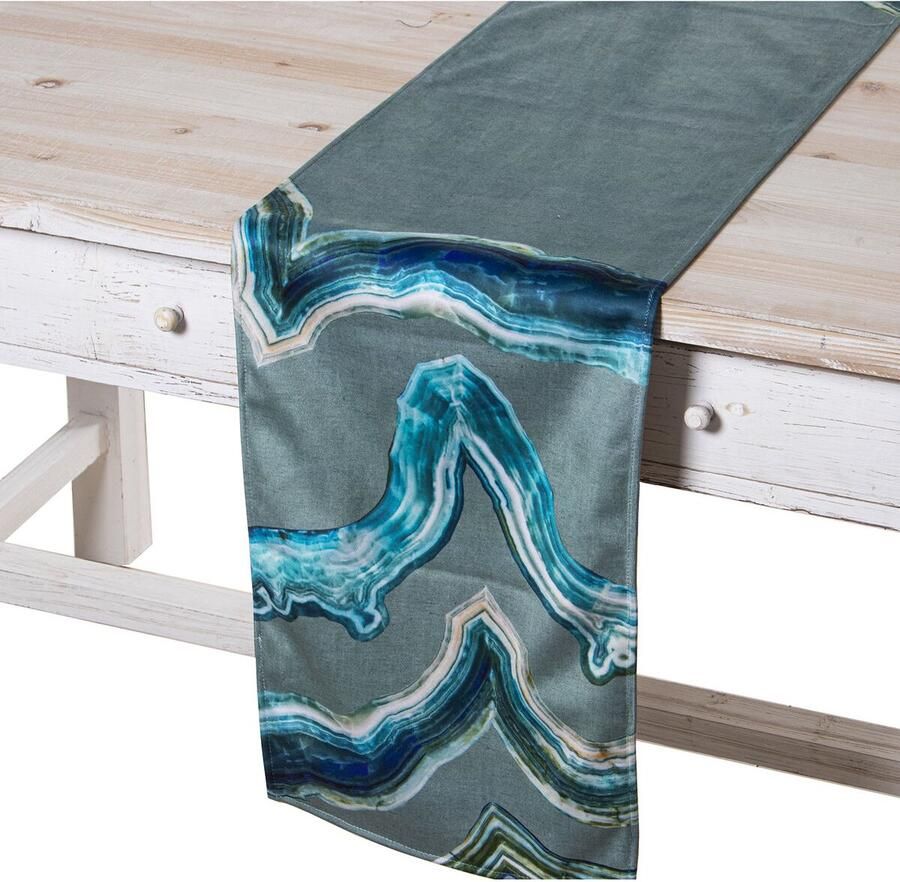 Alexandra House Living Tafelloper Blauw Grijs Textiel 180 x 30 cm Fluweel Borduurwerk