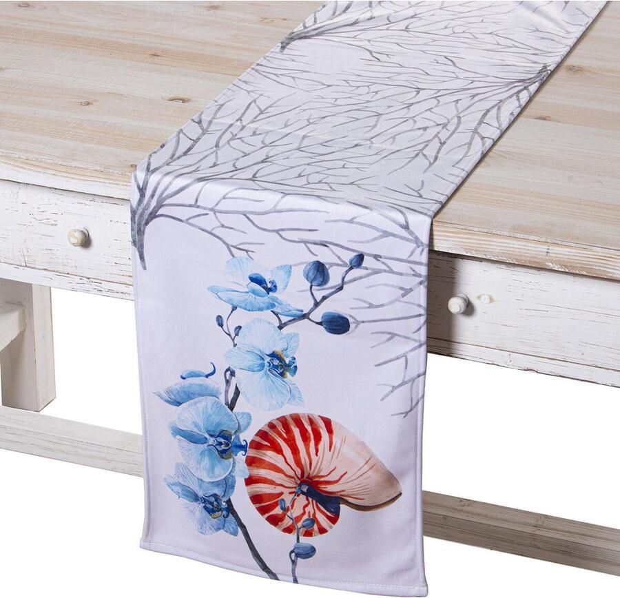 Alexandra House Living Tafelloper Textiel 180 x 30 cm Blommor Schelp Fluweel