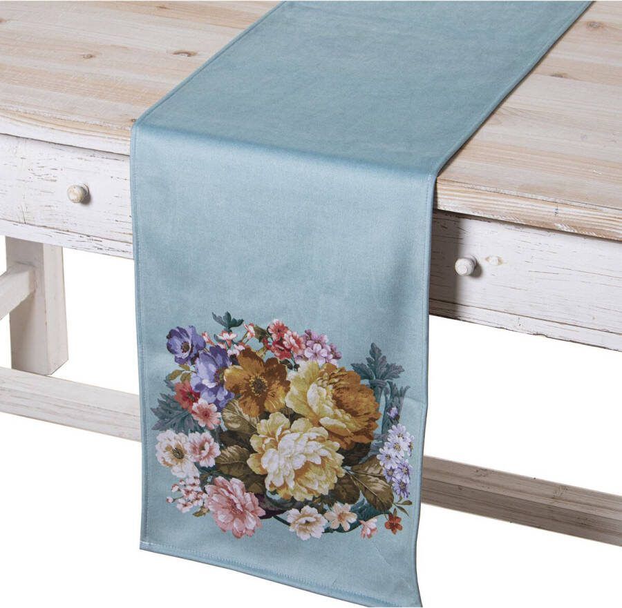 Alexandra House Living Tafelloper Blauw Textiel 180 x 30 cm Blommor Fluweel