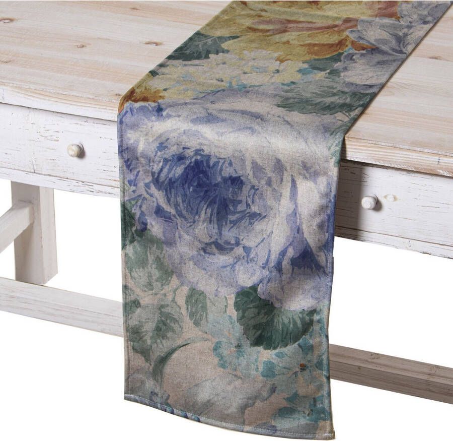 Alexandra House Living Tafelloper Blauw Textiel 180 x 30 cm Fluweel Gebloemd Borduurwerk