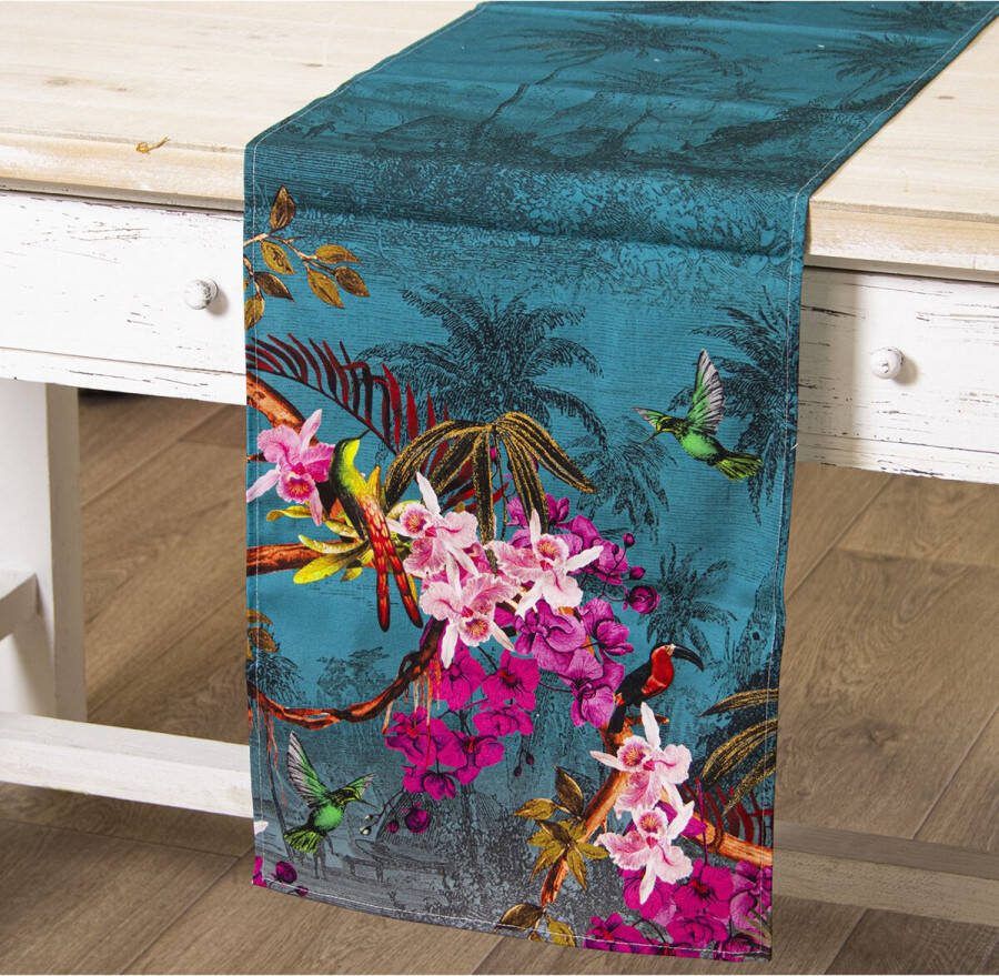 Alexandra House Living Tafelloper Blauw Textiel 33 x 180 cm Katoen Gebloemd