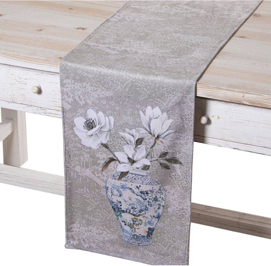 Alexandra House Living Tafelloper Grijs Textiel 180 x 30 cm Blommor Vaas Fluweel