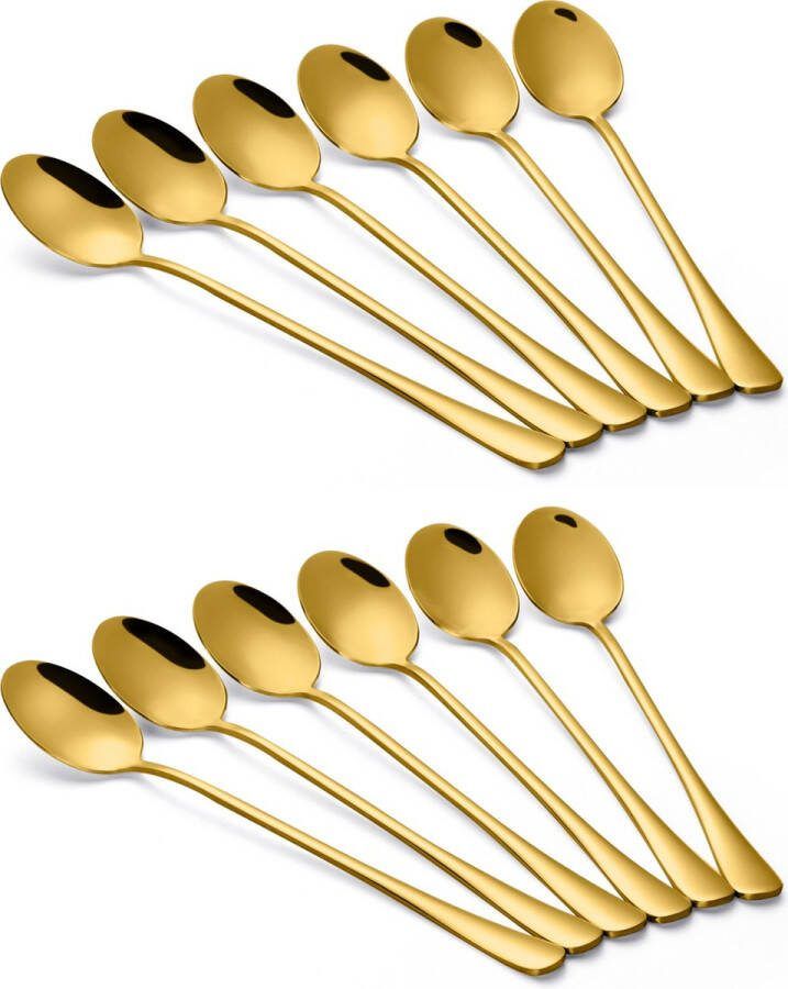 Alheco 12 lange ovale lepels – Latte macchiato – Dessertlepels set – 19 5cm – Sorbetlepels – IJslepels Theelepels Goud