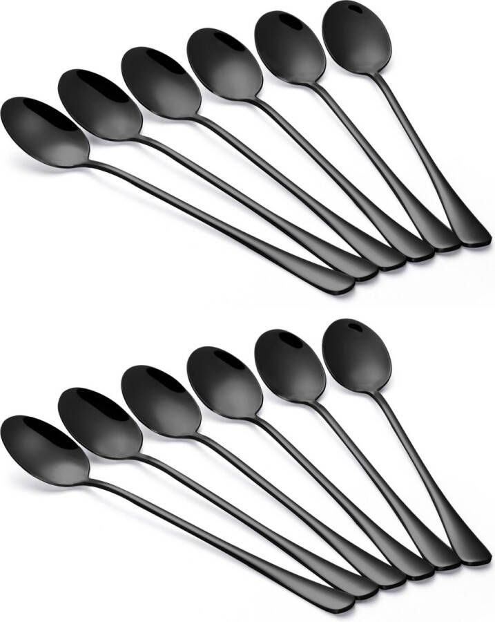 Alheco 12 lange ovale lepels – Latte macchiato – Dessertlepels set – 19 5cm – Sorbetlepels – IJslepels Theelepels Zwart